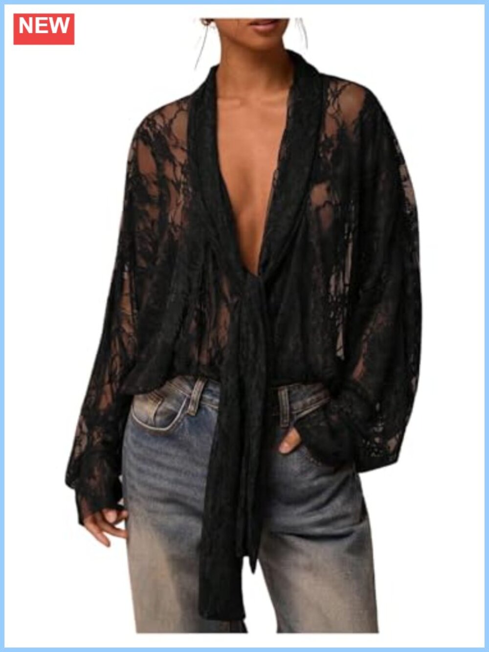 Sheer Mesh Long Sleeve Knot Front Blouse